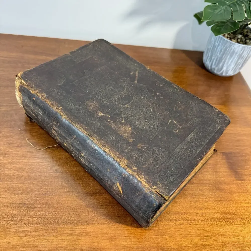 Antique 19th Century Large Leather Family Bible King James KJV Primitive 1850
